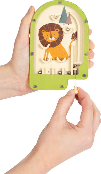 12607_41-mini-flipper-spiel-loewe-small-foot-kolben-ziehen-nachladen Lion Mini Pinball Game