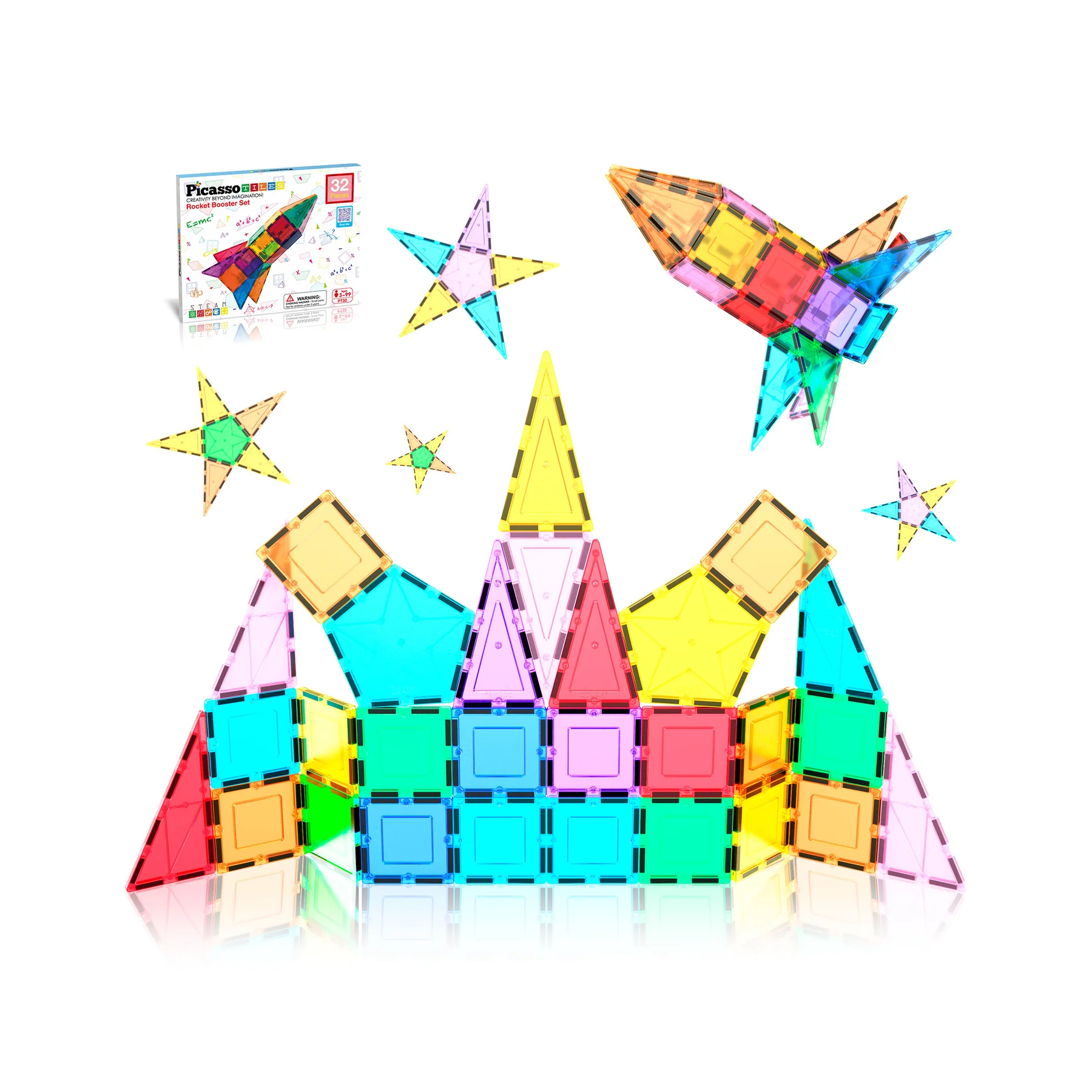 MGGPT32 PicassoTiles Magnetic Tile Rocket Ship Toy - 32 Pieces
